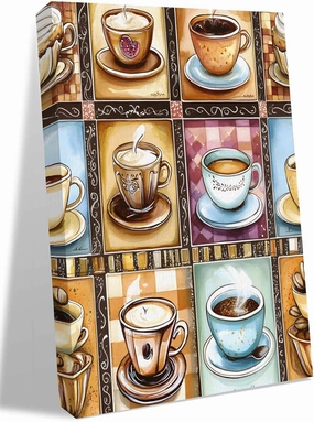 NuYeBiofx Watercolor Coffee Cups Beans Canvas Wall Art Prints,48"x36" Framed Picture Artwork Aromatic Drinks Stitching Check Printed Canvas Oil Painting for Living Room Bedroom Office,Ready to Hang