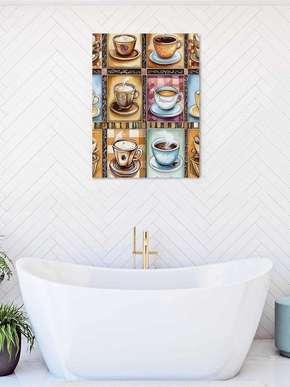 NuYeBiofx Watercolor Coffee Cups Beans Canvas Wall Art Prints,48"x36" Framed Picture Artwork Aromatic Drinks Stitching Check Printed Canvas Oil Painting for Living Room Bedroom Office,Ready to Hang