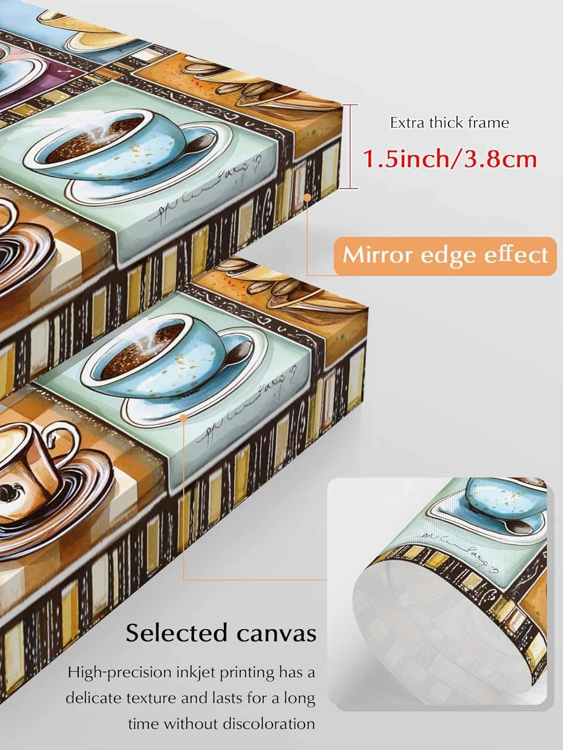 NuYeBiofx Watercolor Coffee Cups Beans Canvas Wall Art Prints,48"x36" Framed Picture Artwork Aromatic Drinks Stitching Check Printed Canvas Oil Painting for Living Room Bedroom Office,Ready to Hang