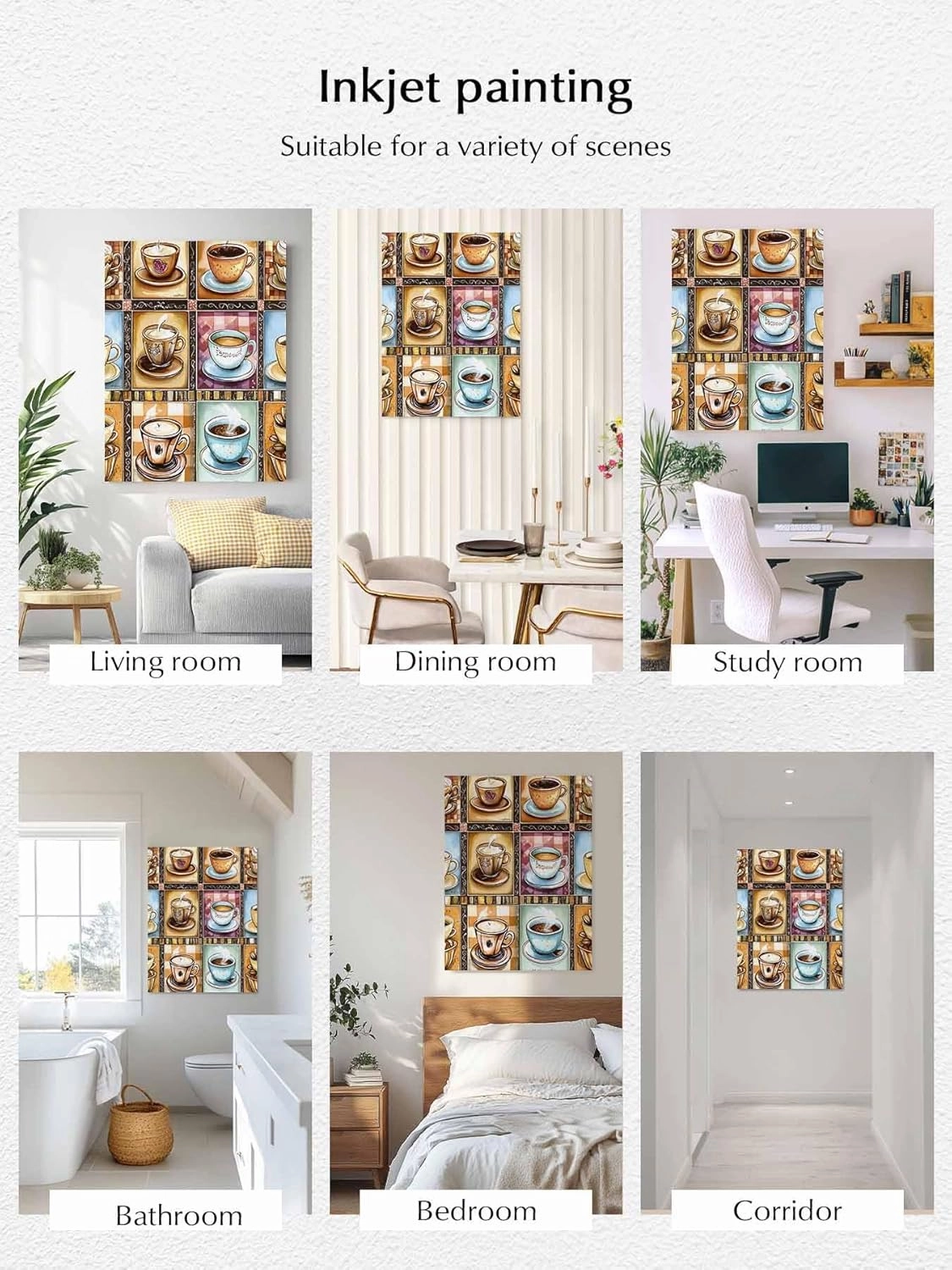 NuYeBiofx Watercolor Coffee Cups Beans Canvas Wall Art Prints,48"x36" Framed Picture Artwork Aromatic Drinks Stitching Check Printed Canvas Oil Painting for Living Room Bedroom Office,Ready to Hang