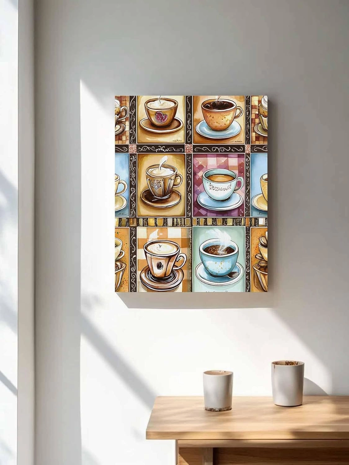 NuYeBiofx Watercolor Coffee Cups Beans Canvas Wall Art Prints,48"x36" Framed Picture Artwork Aromatic Drinks Stitching Check Printed Canvas Oil Painting for Living Room Bedroom Office,Ready to Hang