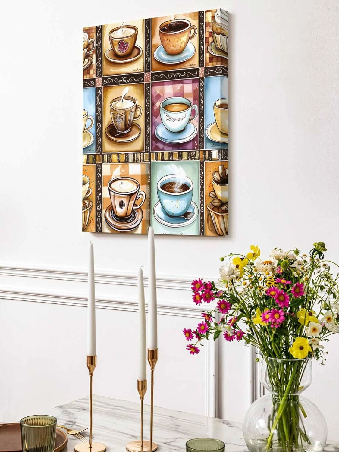 NuYeBiofx Watercolor Coffee Cups Beans Canvas Wall Art Prints,48"x36" Framed Picture Artwork Aromatic Drinks Stitching Check Printed Canvas Oil Painting for Living Room Bedroom Office,Ready to Hang