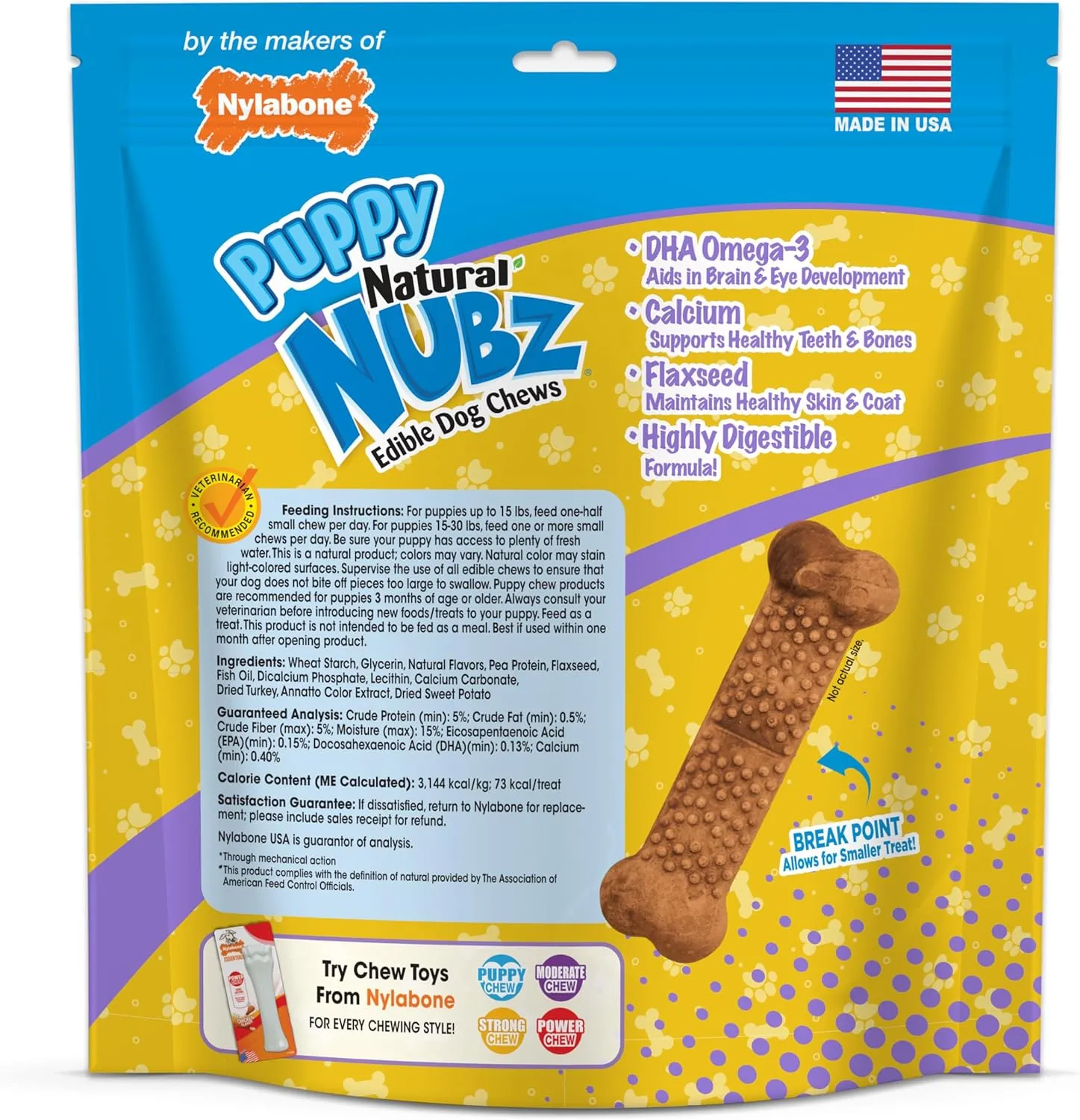 Nylabone Nubz Natural Edible Dog Chew Treats for Puppies, Long Lasting Dog Bones Made in USA, Turkey & Sweet Potato Flavor, for Puppies Up to 25 lbs. (28 Count)