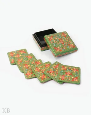 Olive Green Floret Square Paper Mache Coaster Set