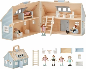 Olivia's Little World Wooden Cottage Dollhouse with 12 Accessories & 4 Figurines – Portable 2-Story Playhouse for 3.5" Dolls – Foldable Miniature Toy House for Girls Ages 3 
