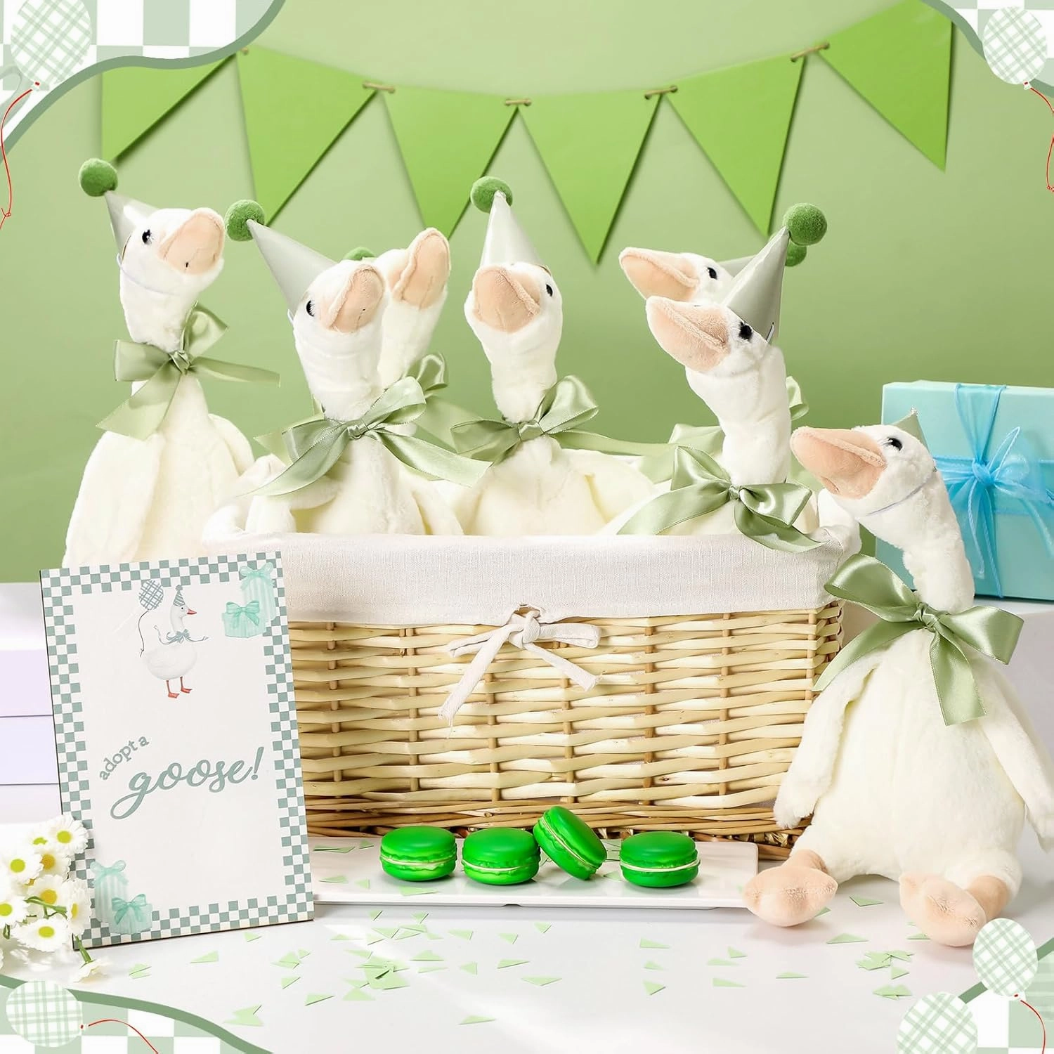 One Silly Goose 1st Birthday Decoration 8 Sets 15.7 Inch Soft Goose Stuffed Animal Birthday Hat with Wood Table Decor(Sage Green,Classic)