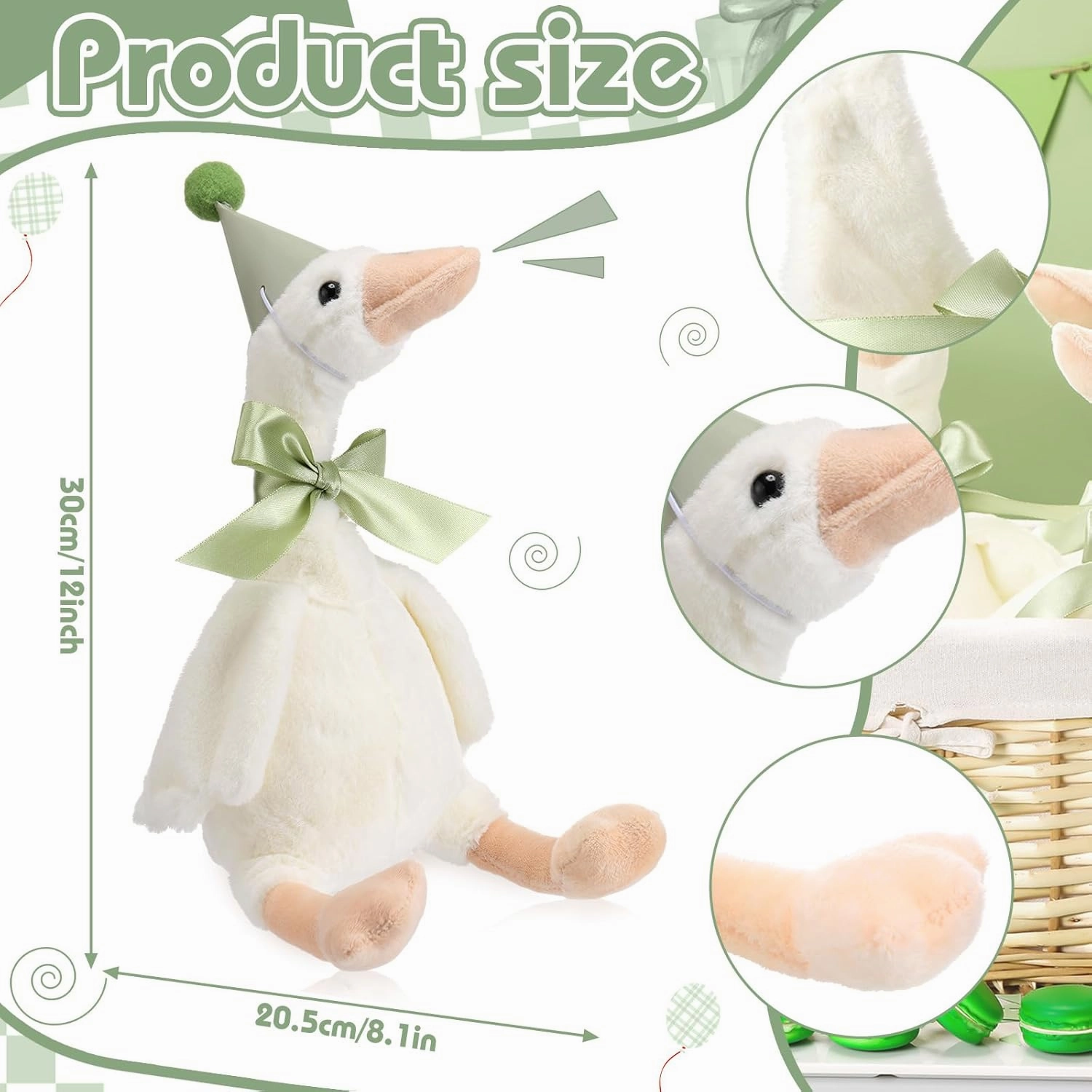 One Silly Goose 1st Birthday Decoration 8 Sets 15.7 Inch Soft Goose Stuffed Animal Birthday Hat with Wood Table Decor(Sage Green,Classic)