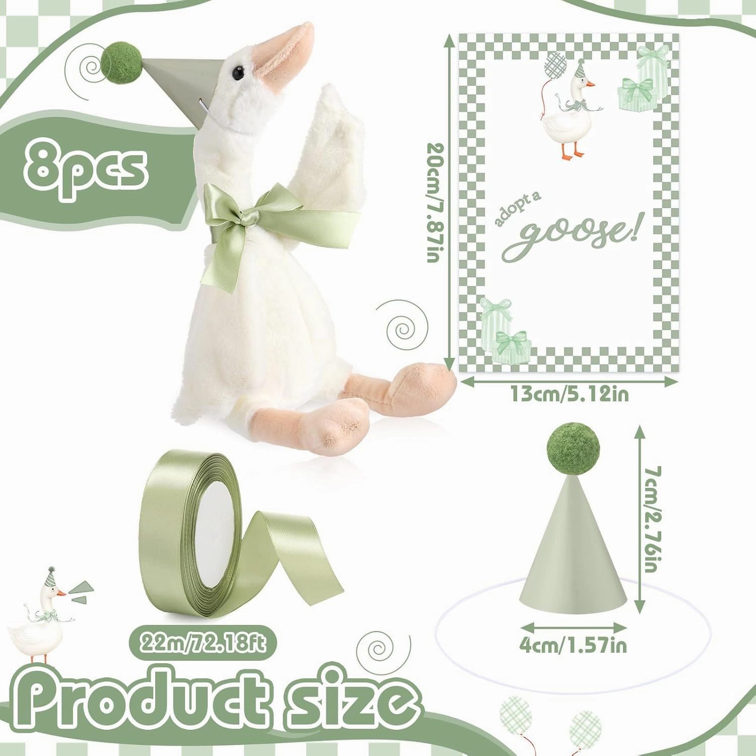 One Silly Goose 1st Birthday Decoration 8 Sets 15.7 Inch Soft Goose Stuffed Animal Birthday Hat with Wood Table Decor(Sage Green,Classic)