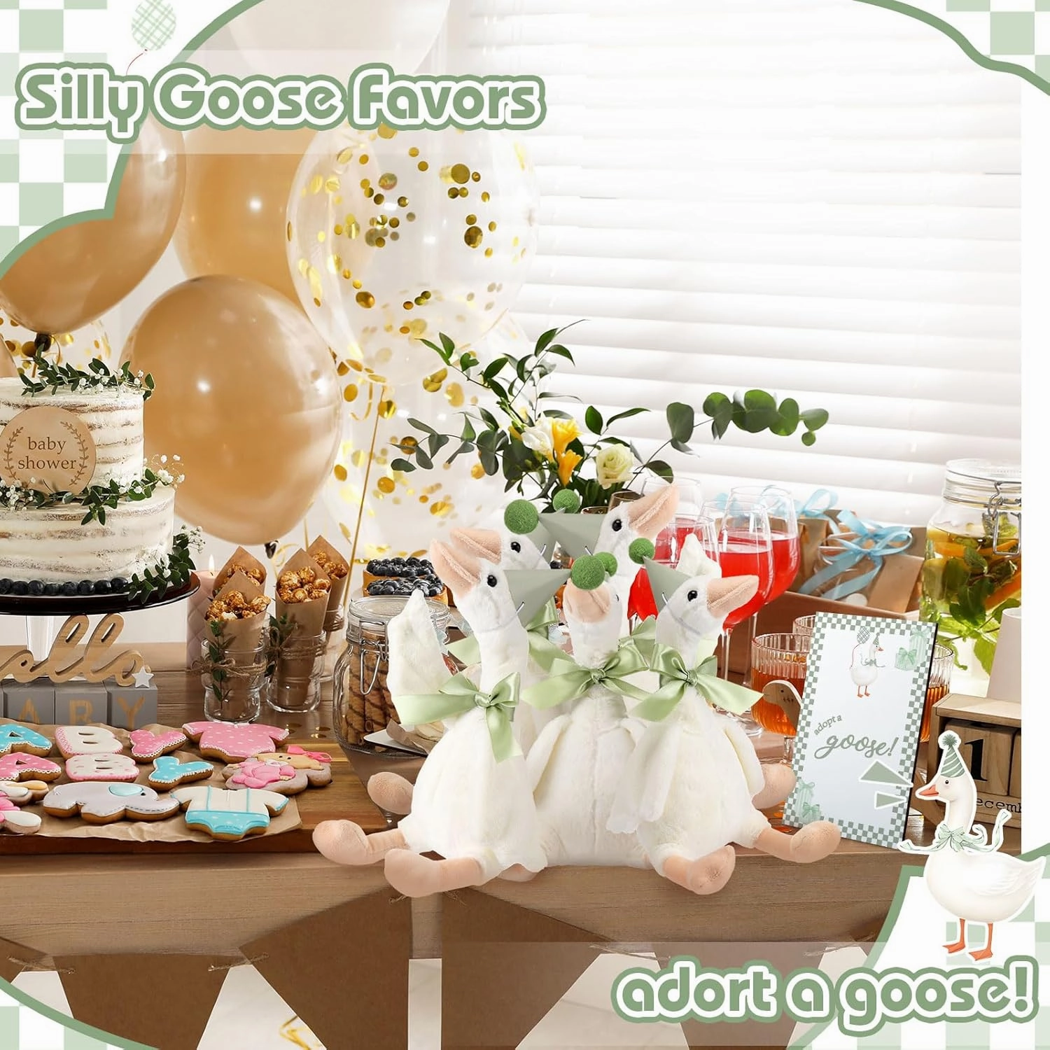 One Silly Goose 1st Birthday Decoration 8 Sets 15.7 Inch Soft Goose Stuffed Animal Birthday Hat with Wood Table Decor(Sage Green,Classic)