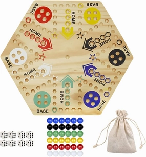 Original Marble Game Wahoo Board Game 16-Inch Double Side Painted Wooden Fast Track Board Game for 6 Player and 4 Player, 6 Colors 36 Glass Marbles 8 Dice for Family Game Night, Friends Party