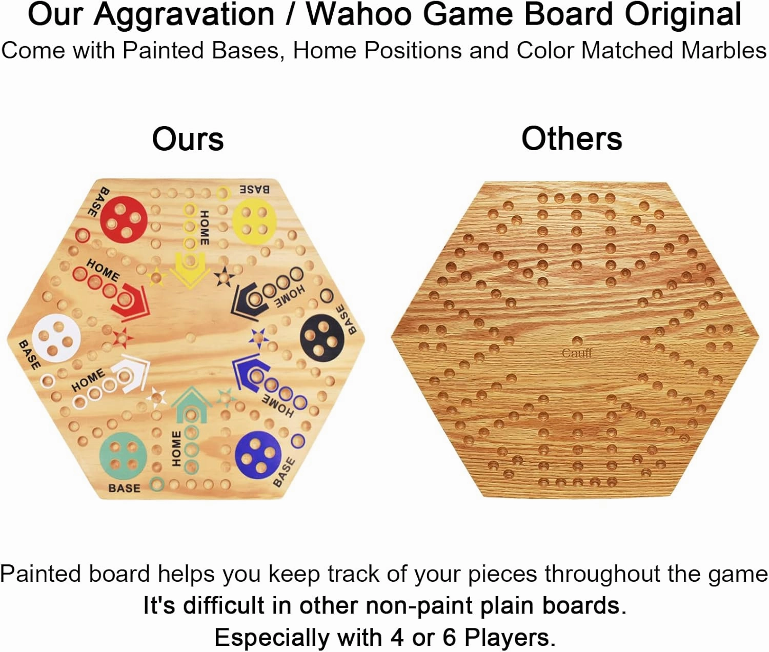 Original Marble Game Wahoo Board Game 16-Inch Double Side Painted Wooden Fast Track Board Game for 6 Player and 4 Player, 6 Colors 36 Glass Marbles 8 Dice for Family Game Night, Friends Party