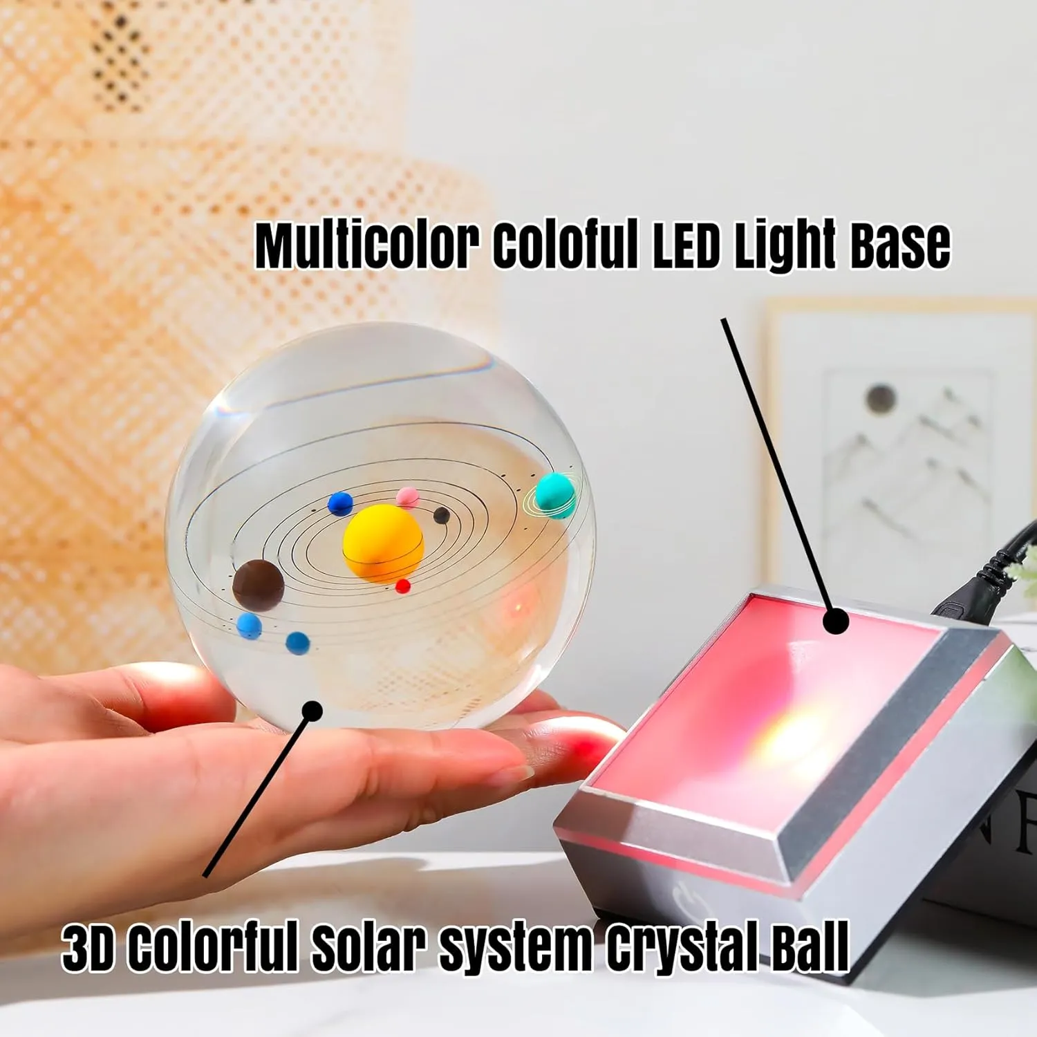 Ornalrist 3D Crystal Solar System Ball 3.15inch with Silver LED Base - Astronomy Gifts Science Cosmic Room Decor - Universe Planet Gifts for Astronomy Lovers Physics Science Night Light Planet Lamp
