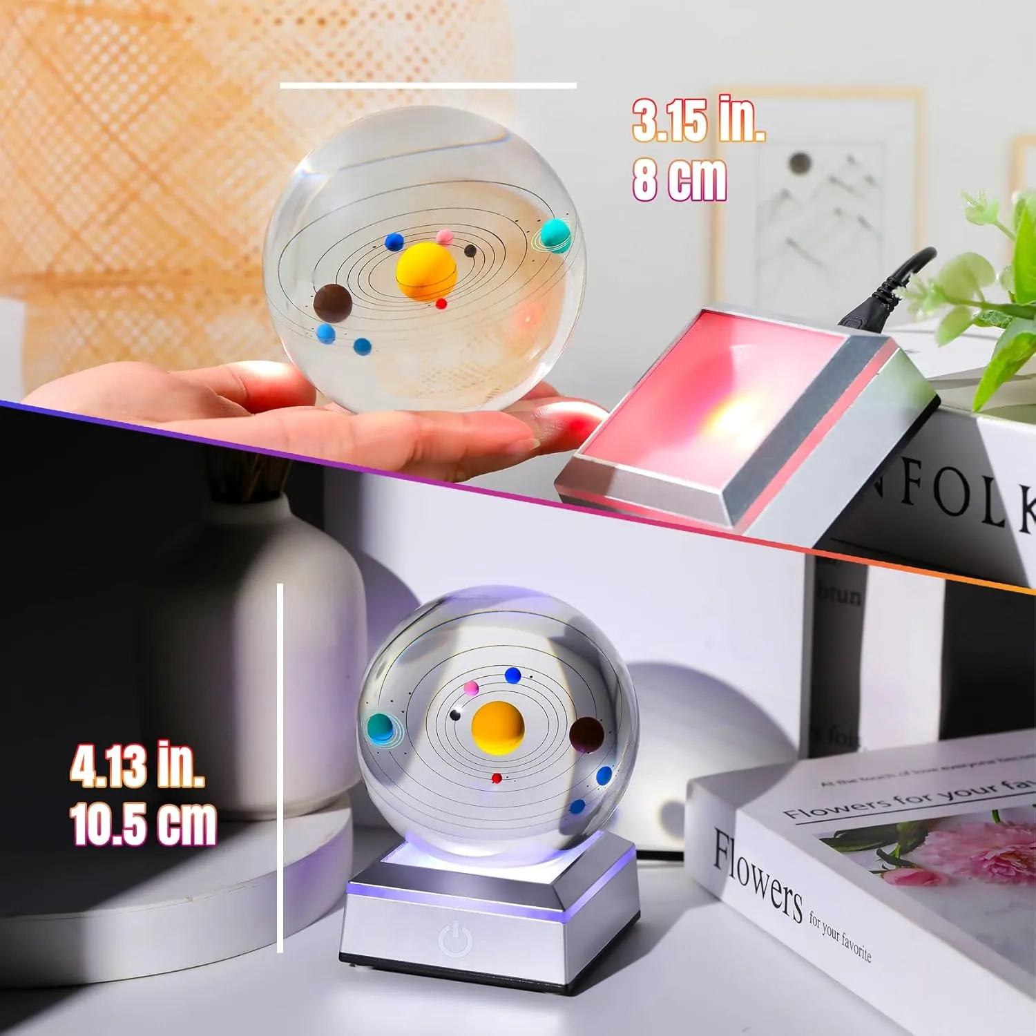 Ornalrist 3D Crystal Solar System Ball 3.15inch with Silver LED Base - Astronomy Gifts Science Cosmic Room Decor - Universe Planet Gifts for Astronomy Lovers Physics Science Night Light Planet Lamp