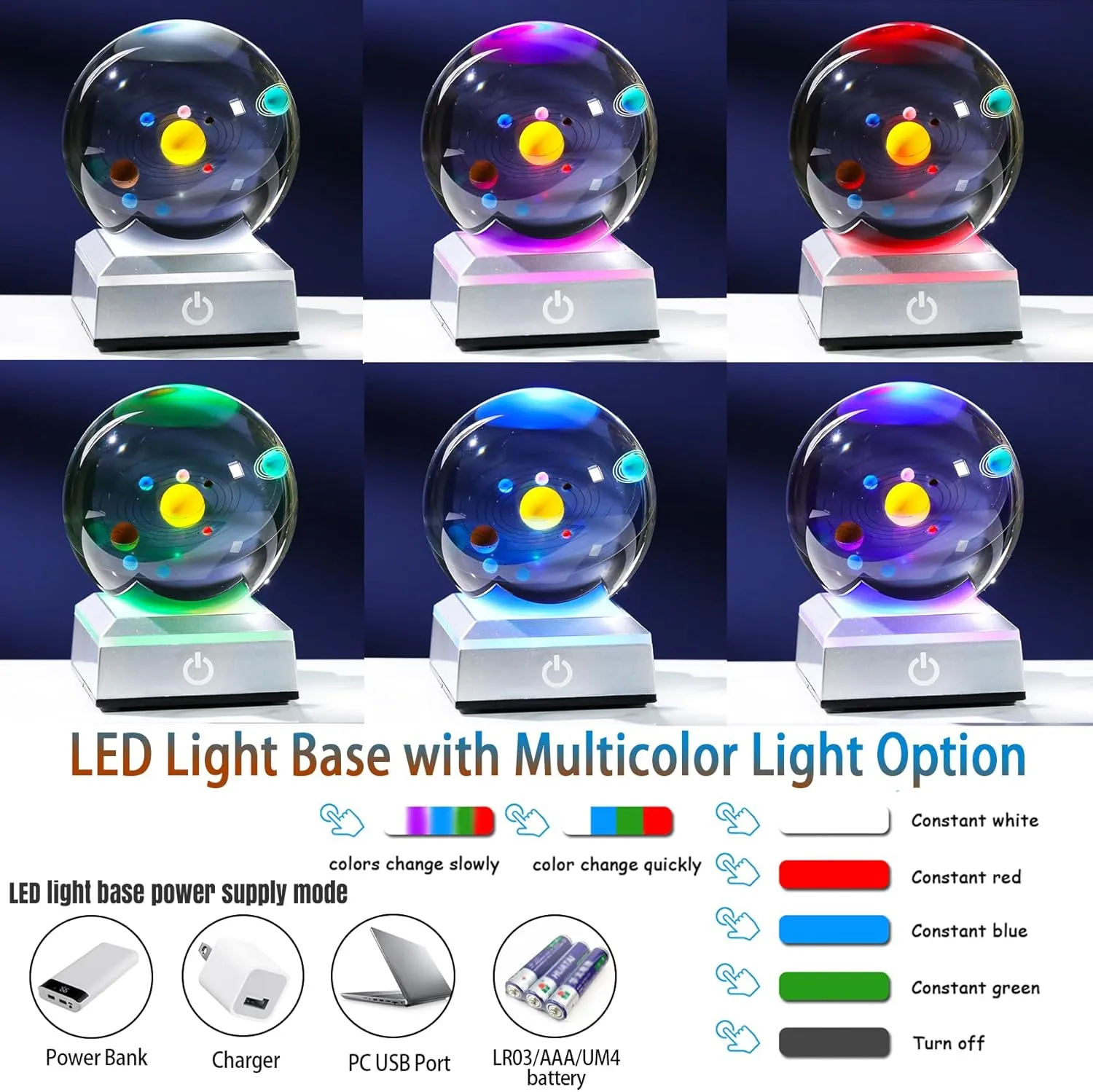 Ornalrist 3D Crystal Solar System Ball 3.15inch with Silver LED Base - Astronomy Gifts Science Cosmic Room Decor - Universe Planet Gifts for Astronomy Lovers Physics Science Night Light Planet Lamp