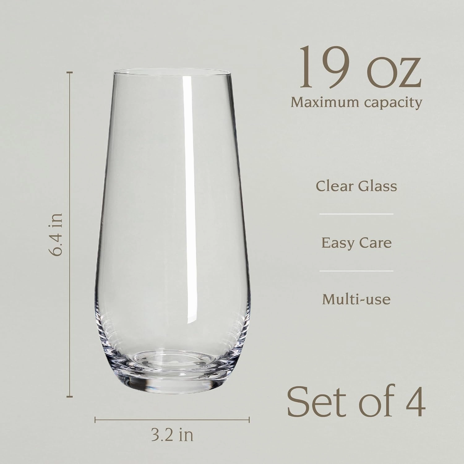 over&back 19oz Traditional Glassware - Set of 4 Classic Stemless Drinking Glasses for Parties, Get-togethers, and More - Mouth-Blown - Wine Cups for Kitchen and Dining Room - Clear