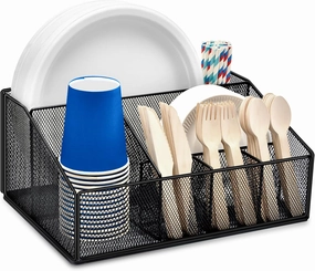 Paper Plate Holder for Countertop,Paper Plate Dispenser,Metal Silverware Caddy with 6 Compartments,Picnic and Camping Utensil Holder for Plates,Cups,Napkins,Forks,Knives,Spoons-Black