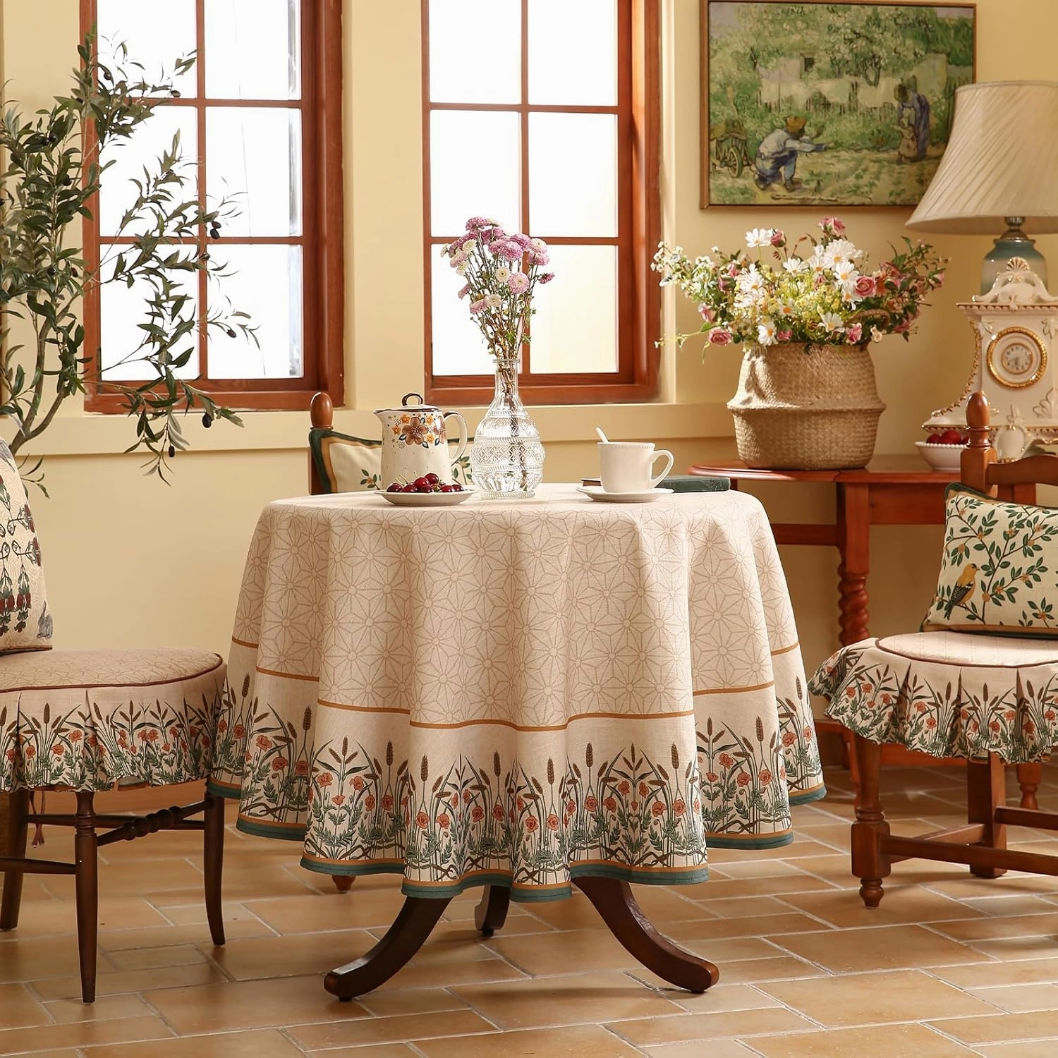 patdrea Designer Floral Linen Table Cloth Durable Breathable Tabletop Cover Dacorative Kitchen Dining Tablecloth for Round Tables for Kitchen Dining Parties,Holiday Christmas,Diameter 67"