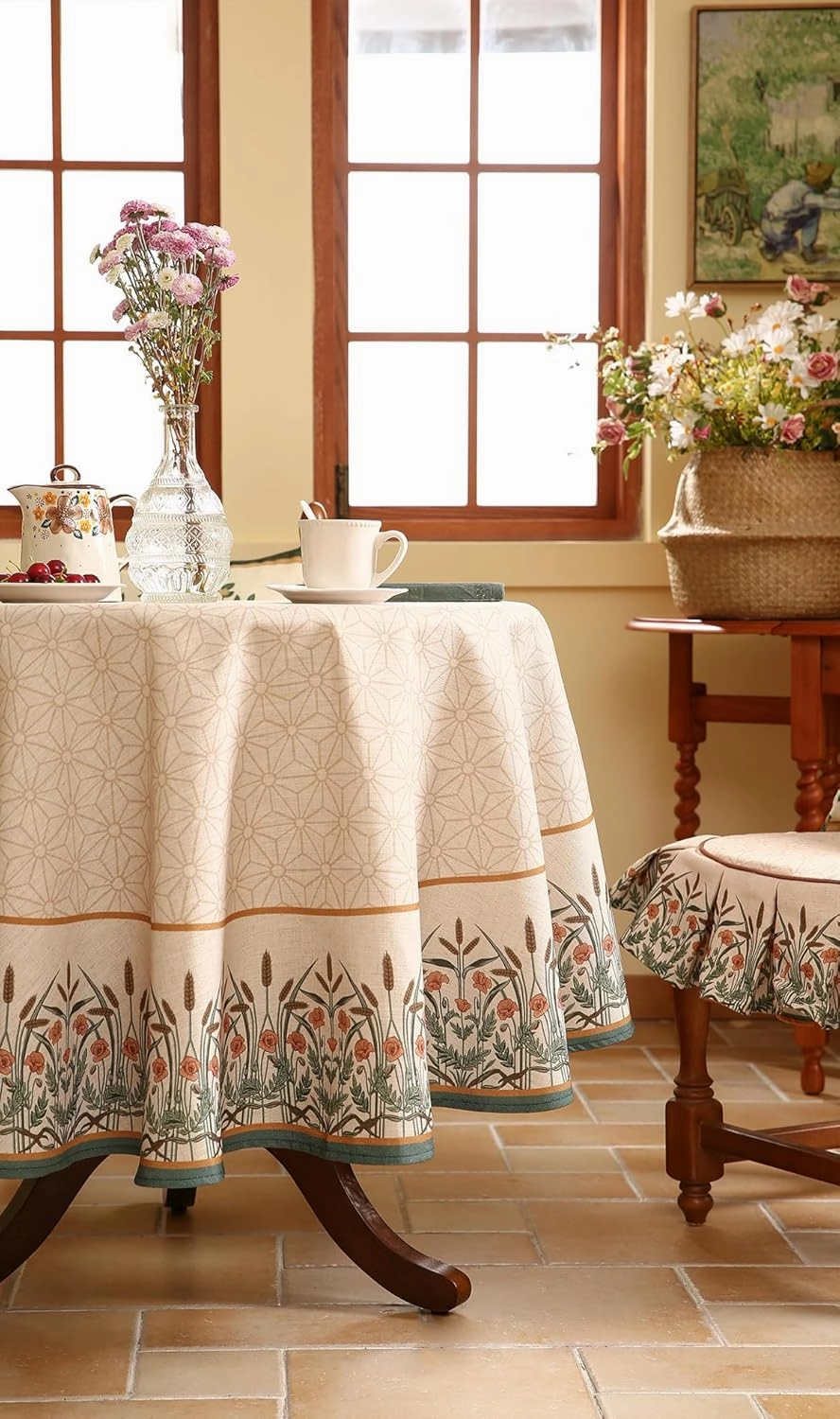 patdrea Designer Floral Linen Table Cloth Durable Breathable Tabletop Cover Dacorative Kitchen Dining Tablecloth for Round Tables for Kitchen Dining Parties,Holiday Christmas,Diameter 67"