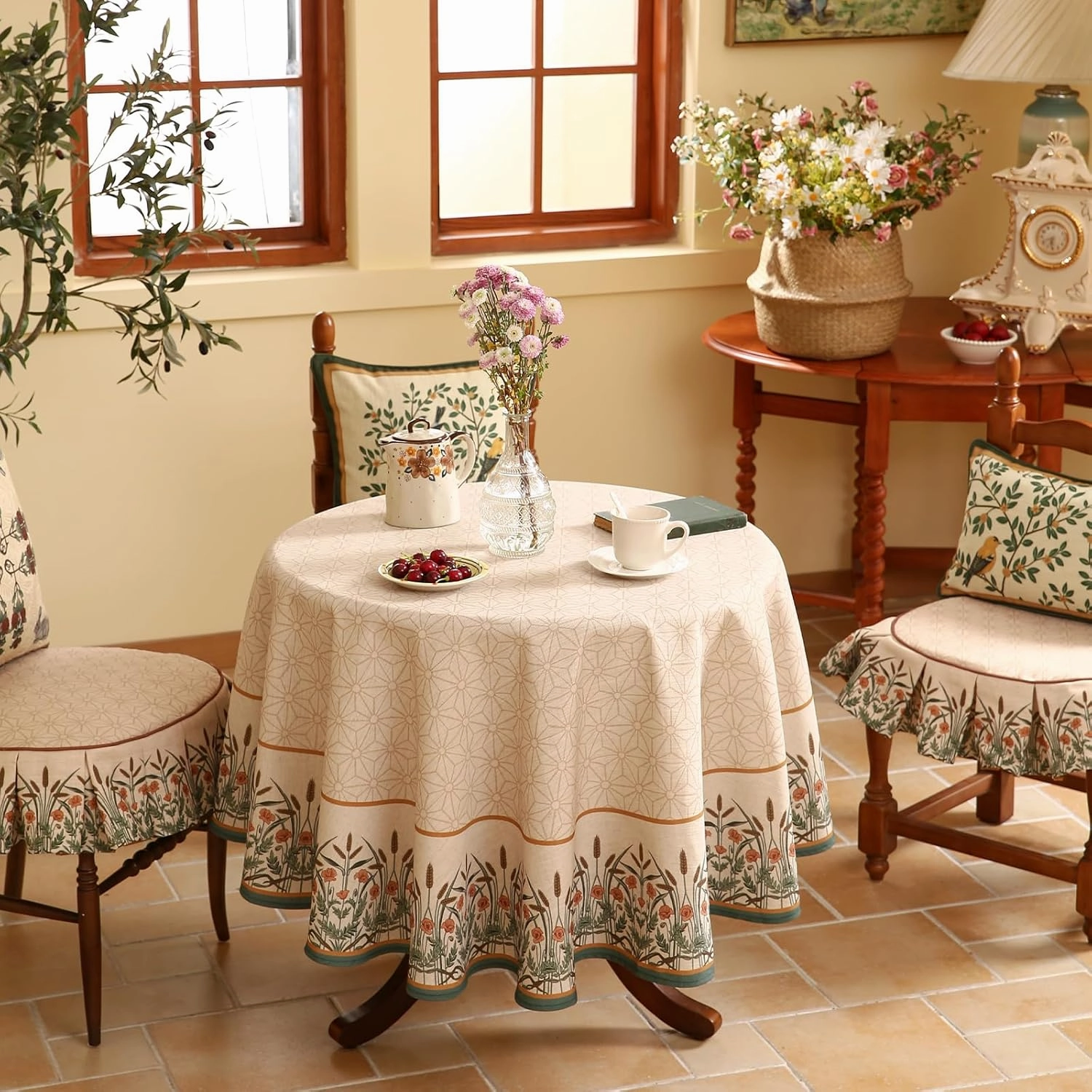 patdrea Designer Floral Linen Table Cloth Durable Breathable Tabletop Cover Dacorative Kitchen Dining Tablecloth for Round Tables for Kitchen Dining Parties,Holiday Christmas,Diameter 67"