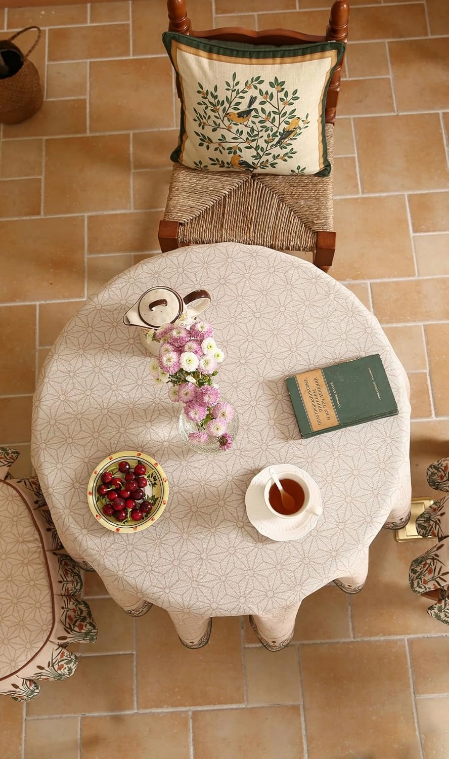 patdrea Designer Floral Linen Table Cloth Durable Breathable Tabletop Cover Dacorative Kitchen Dining Tablecloth for Round Tables for Kitchen Dining Parties,Holiday Christmas,Diameter 67"