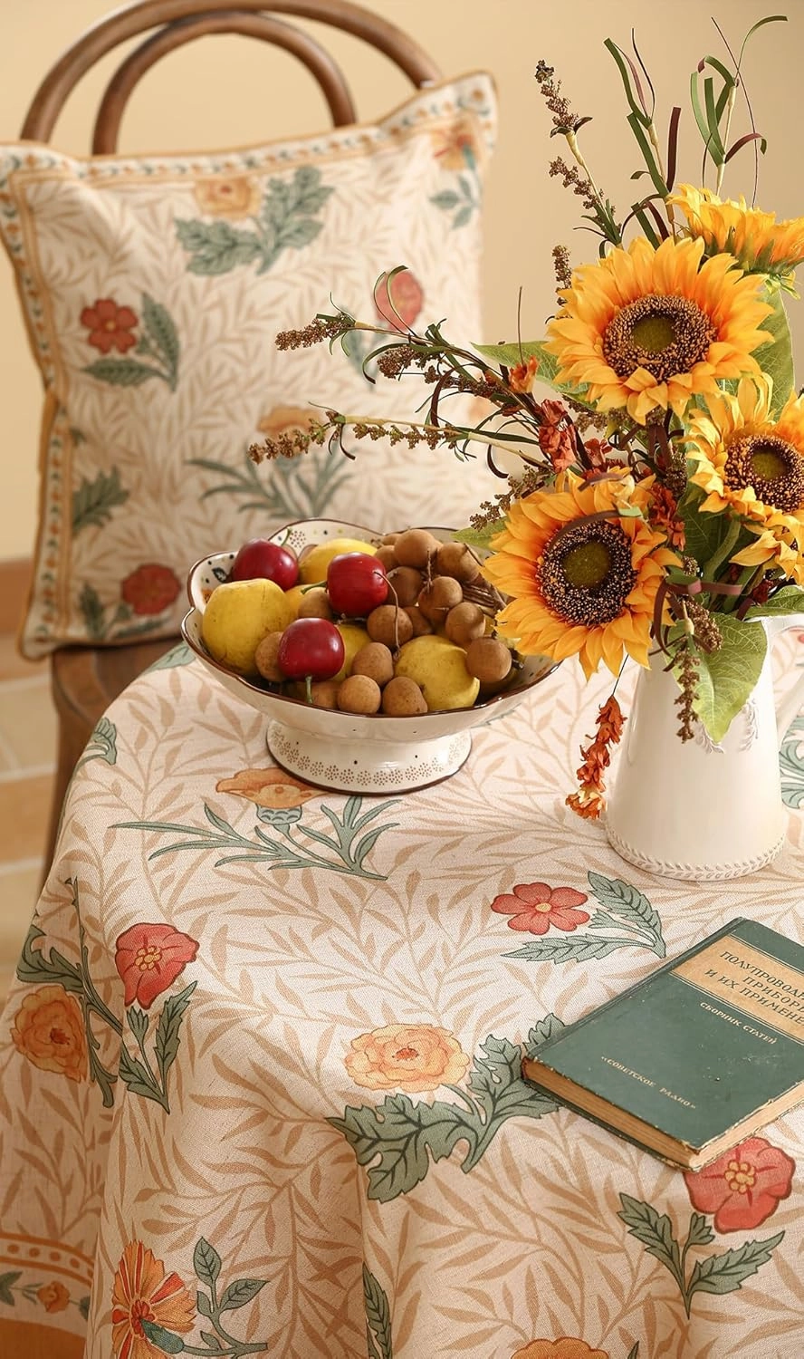 patdrea Designer Floral Linen Table Cloth Durable Breathable Tabletop Cover Dacorative Kitchen Dining Tablecloth for Round Tables for Kitchen Dining Parties,Holiday Christmas,Diameter 67"
