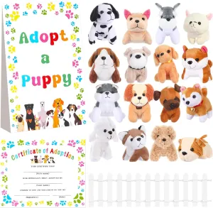 Patelai 34 Pcs Adopt a Puppy Favors, 16 Small Stuffed Puppy Plush Dogs Bulk 16 Adoption Cards 1 Adoption Sign 1 White Fence for Adopt a Dog Party Favors Supplies Gifts