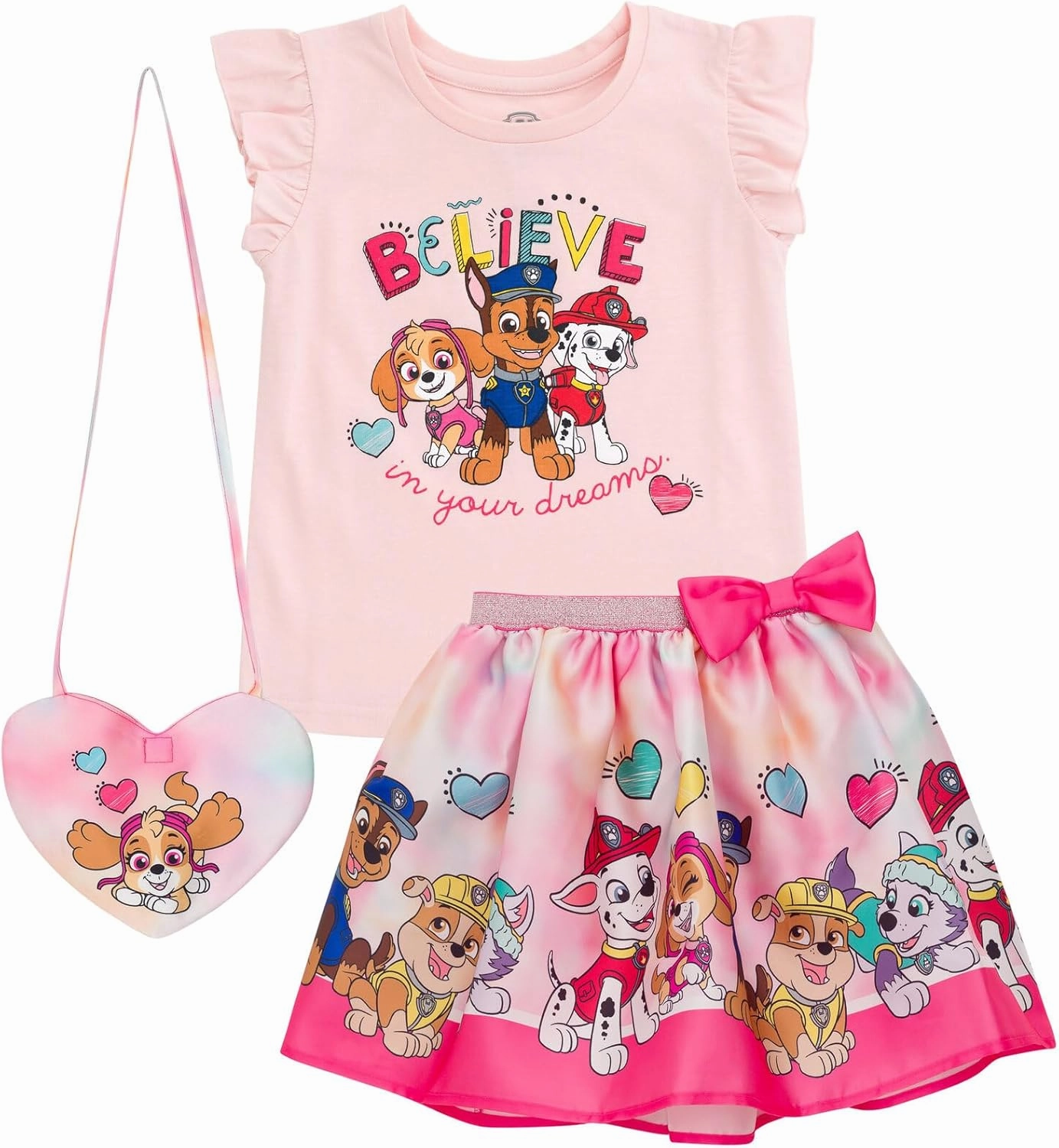 Paw Patrol Girls Tank Top Skirt and Bag 3 Piece Outfit Set Toddler to Big Kid Sizes (2T - 10-12)
