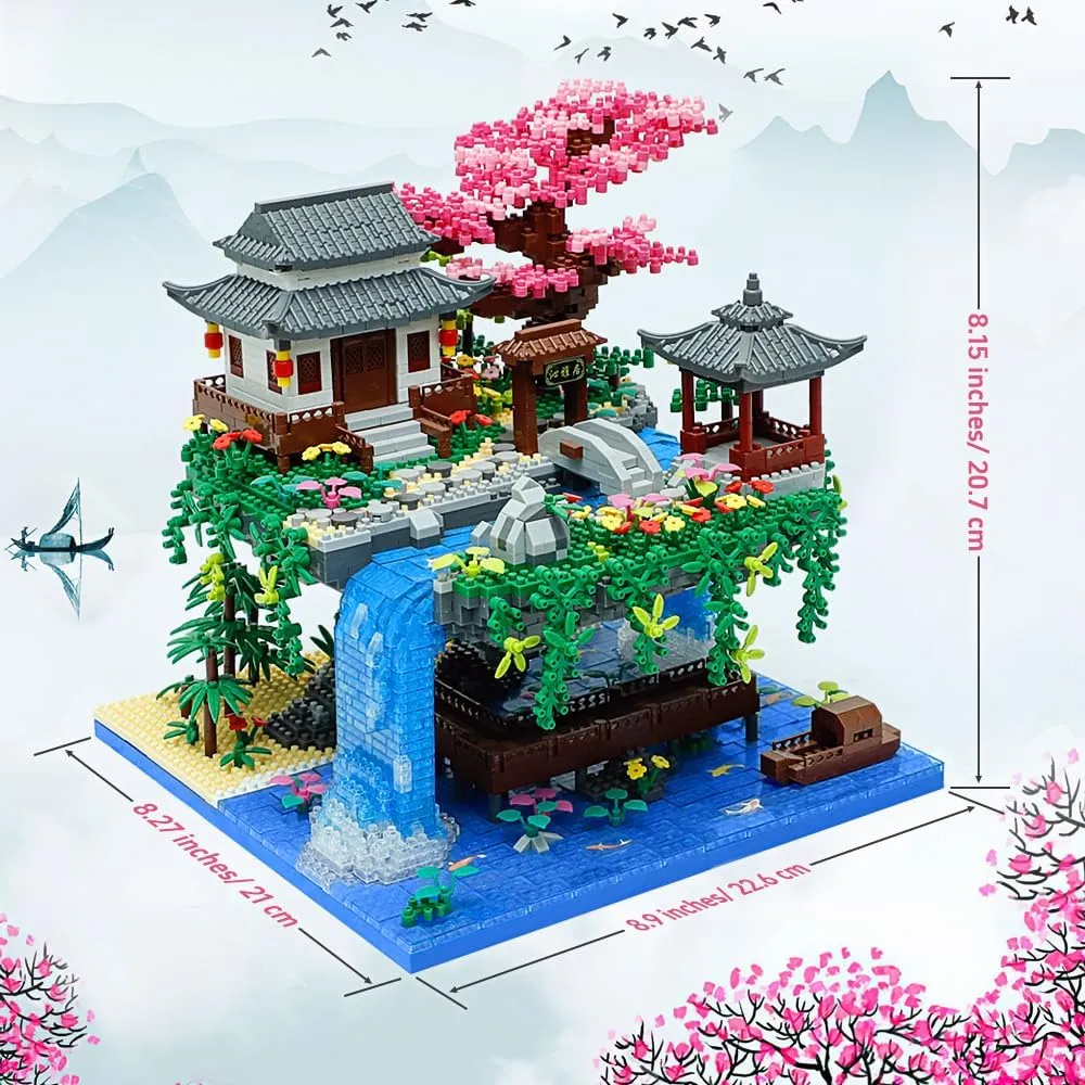 Peach Blossom Pond Building Set, 3320 Pcs Architecture Building Blocks with Light Cherry Blossom Tree Building Set Tree House Building Kit for Adult Teens Ages 14 
