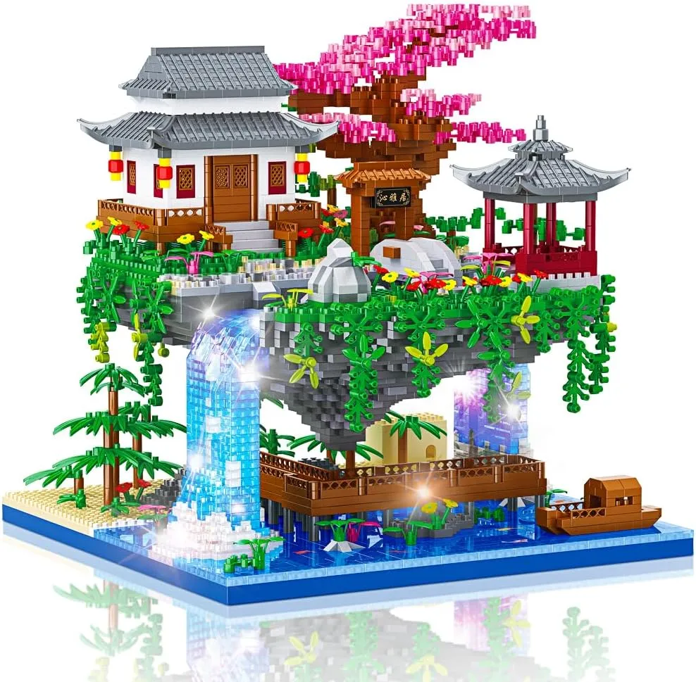 Peach Blossom Pond Building Set, 3320 Pcs Architecture Building Blocks with Light Cherry Blossom Tree Building Set Tree House Building Kit for Adult Teens Ages 14 