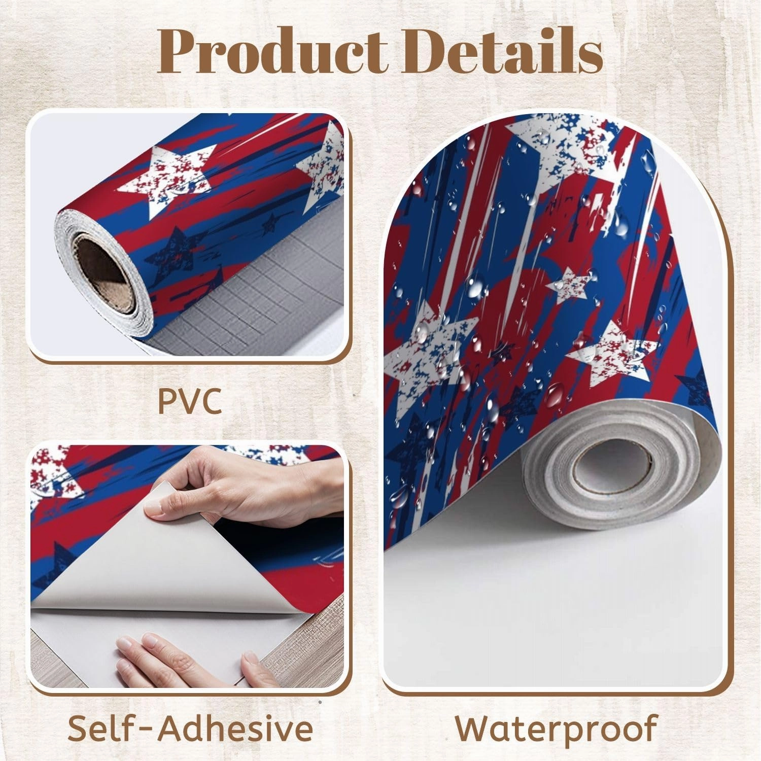 Peel and Stick Wallpaper Self Adhesive Wall Mural Distress painted American flag seamless pattern Grunge stars lines Contact Paper Renter Friendly Wallpaper for Kitchen Nursery Bedroom 17.7"x118"