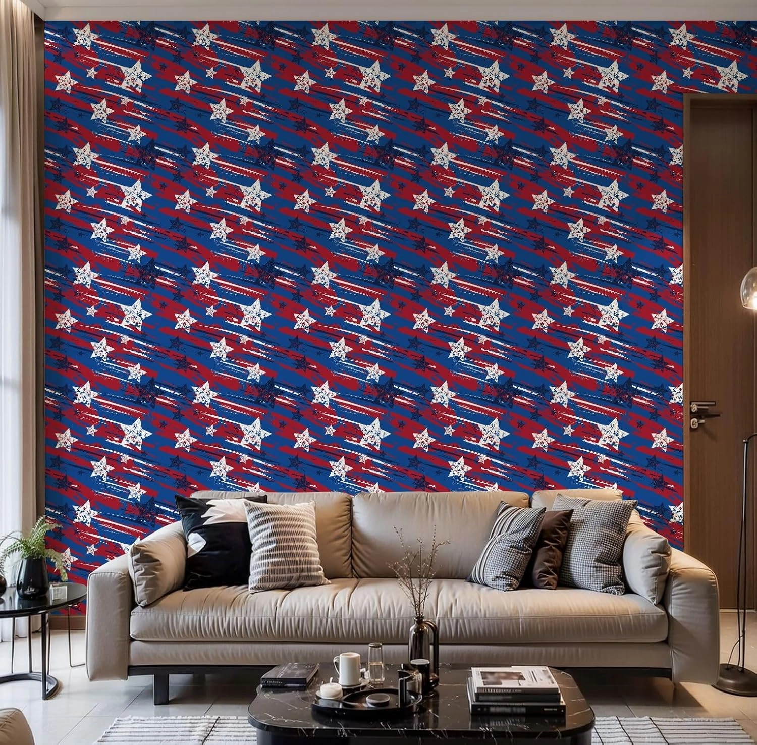 Peel and Stick Wallpaper Self Adhesive Wall Mural Distress painted American flag seamless pattern Grunge stars lines Contact Paper Renter Friendly Wallpaper for Kitchen Nursery Bedroom 17.7"x118"