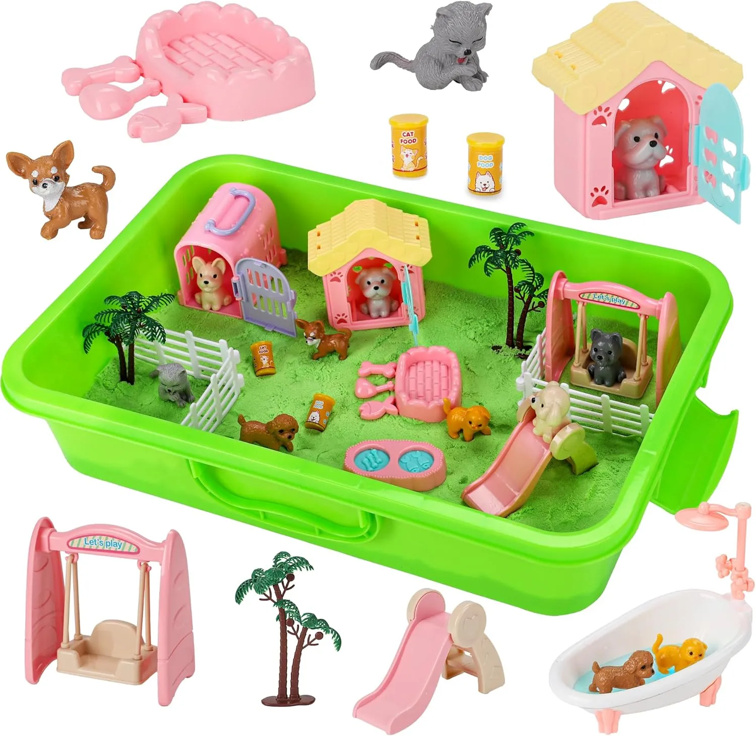 Pet Sensory Bin Kids Sensory Bins for Toddlers 1-3, Kids Sand Art Kit with Sensory Sand & Sandbox 2.2lbs Sand Pet Cat Figures Beach Toys Play Sand Kit, Pretend Play Toys for Girls Boys Ages 3 4 5 6