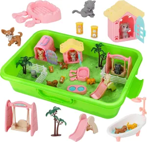 Pet Sensory Bin Kids Sensory Bins for Toddlers 1-3, Kids Sand Art Kit with Sensory Sand & Sandbox 2.2lbs Sand Pet Cat Figures Beach Toys Play Sand Kit, Pretend Play Toys for Girls Boys Ages 3 4 5 6