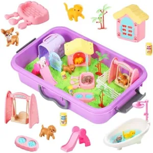 Pet Sensory bin,Dog and Cat Sandbox for Kids,Kids Play Sand Kit,Pet Play Set with Sensory Sand,Pet Care Play Set,Role Pretend Play Beach Toy Birthday Gift for Girls Boys 3 4 5 6 Years Old