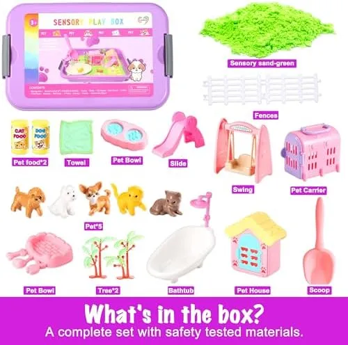 Pet Sensory bin,Dog and Cat Sandbox for Kids,Kids Play Sand Kit,Pet Play Set with Sensory Sand,Pet Care Play Set,Role Pretend Play Beach Toy Birthday Gift for Girls Boys 3 4 5 6 Years Old