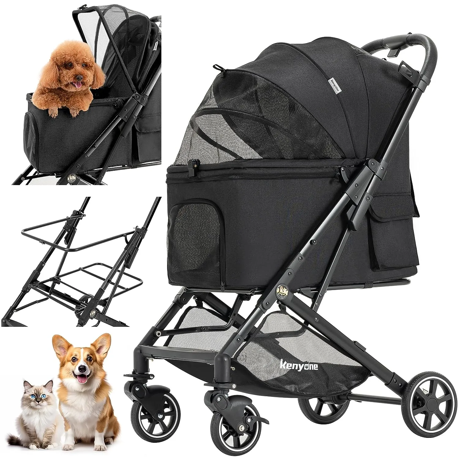 Pet Stroller by Kenyone: Versatile Doggy and Cat Strollers for Small to Medium Pets, Featuring Lightweight, Durable Design with Easy One-Click Folding and Smooth PU Wheels