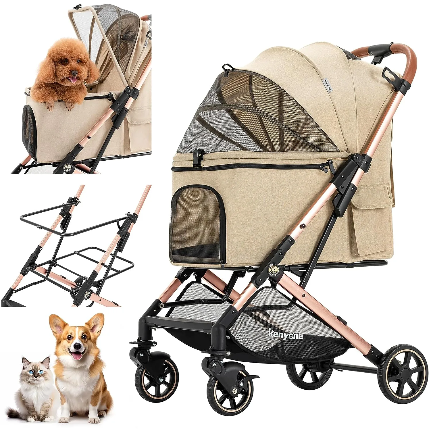 Pet Stroller by Kenyone: Versatile Doggy and Cat Strollers for Small to Medium Pets, Featuring Lightweight, Durable Design with Easy One-Click Folding and Smooth PU Wheels