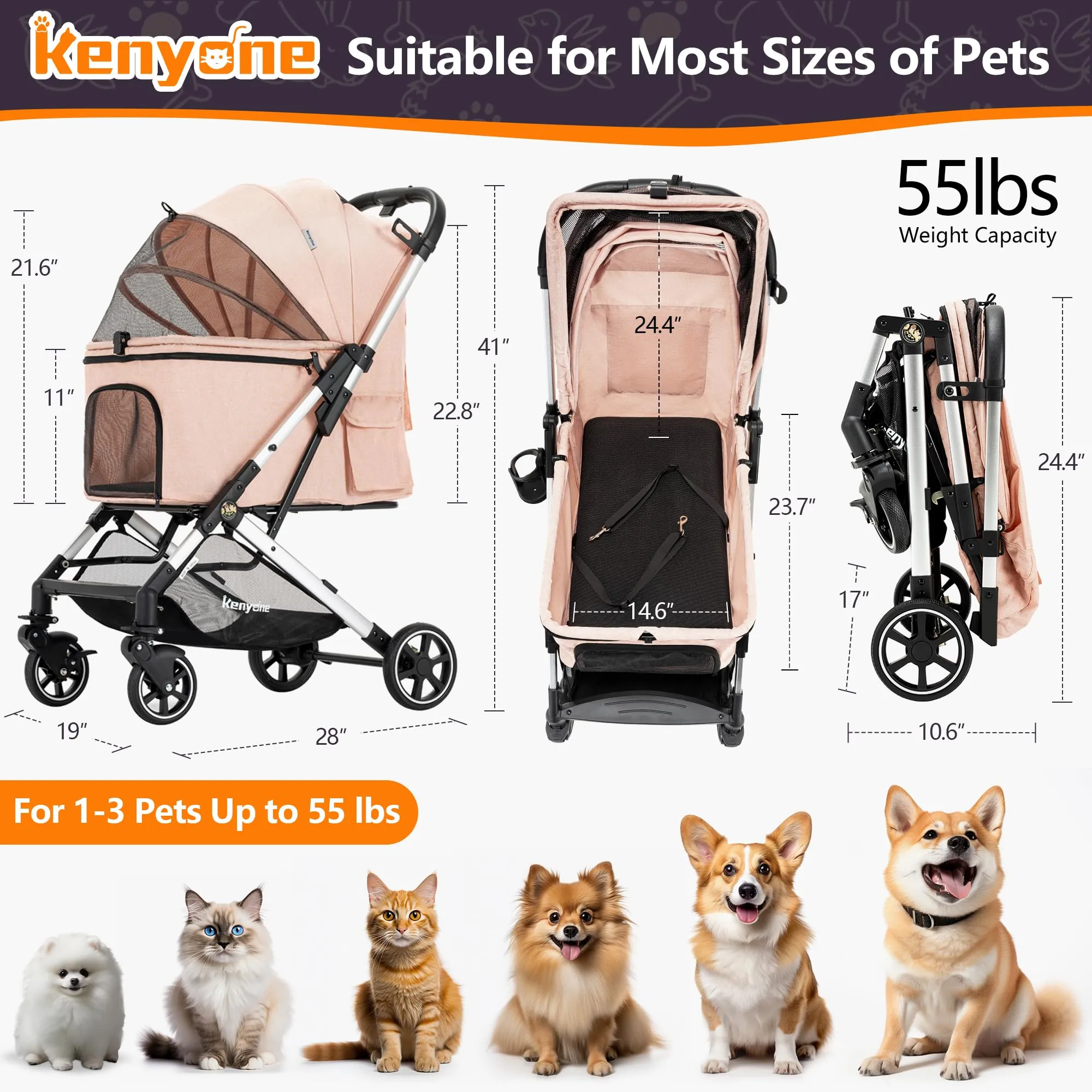 Pet Stroller by Kenyone: Versatile Doggy and Cat Strollers for Small to Medium Pets, Featuring Lightweight, Durable Design with Easy One-Click Folding and Smooth PU Wheels