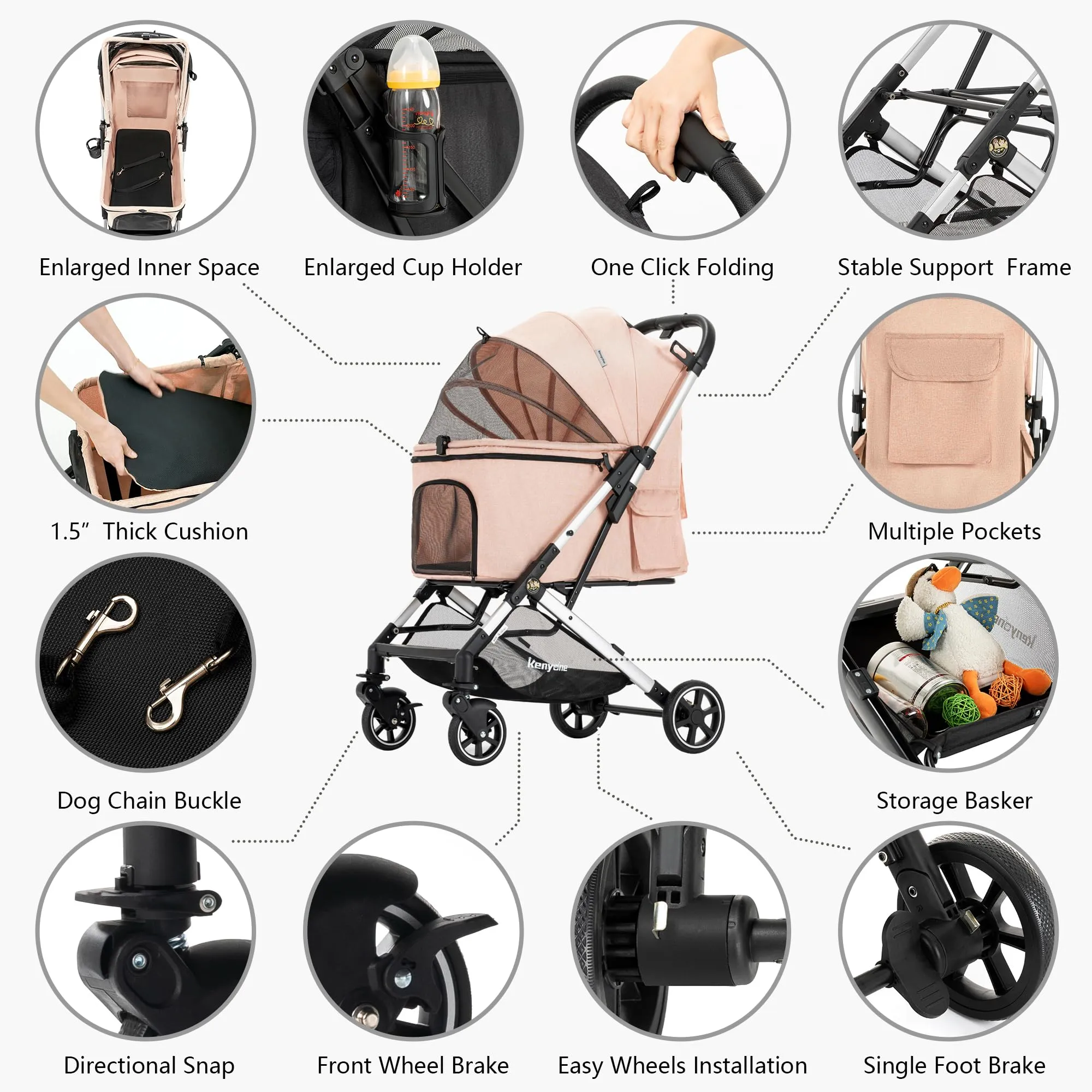 Pet Stroller by Kenyone: Versatile Doggy and Cat Strollers for Small to Medium Pets, Featuring Lightweight, Durable Design with Easy One-Click Folding and Smooth PU Wheels