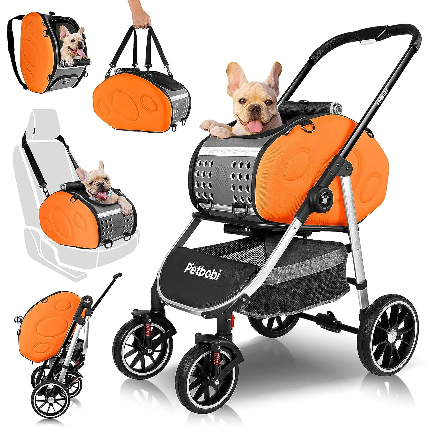 Petbobi 5-in-1 Dog Stroller with Detachable Carrier | Pet Stroller, Carrier, Backpack, Handbag, and Car Seat | for Small Dogs Cats Up to 20 lbs | Aluminum Frame, Large Wheels, Easy Assembly & Folding