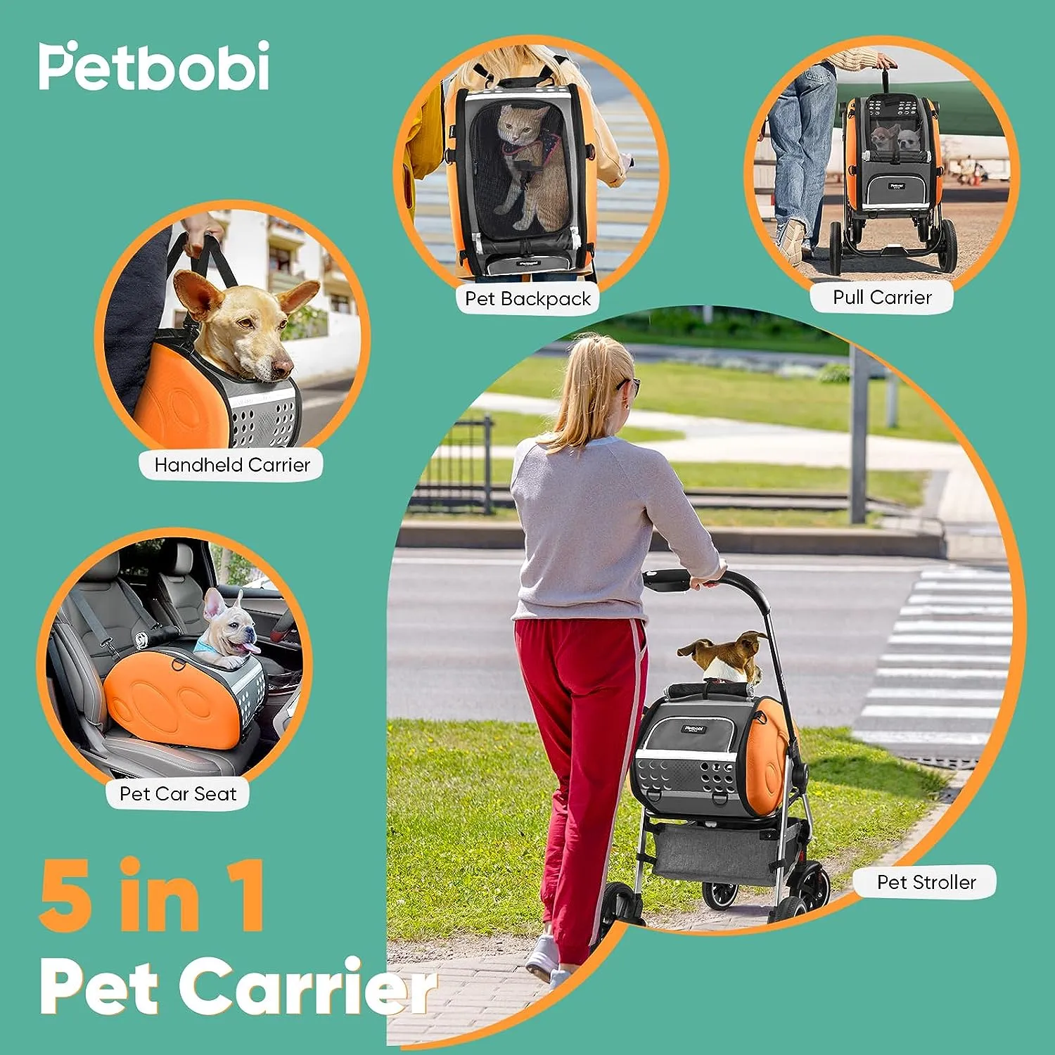 Petbobi 5-in-1 Dog Stroller with Detachable Carrier | Pet Stroller, Carrier, Backpack, Handbag, and Car Seat | for Small Dogs Cats Up to 20 lbs | Aluminum Frame, Large Wheels, Easy Assembly & Folding