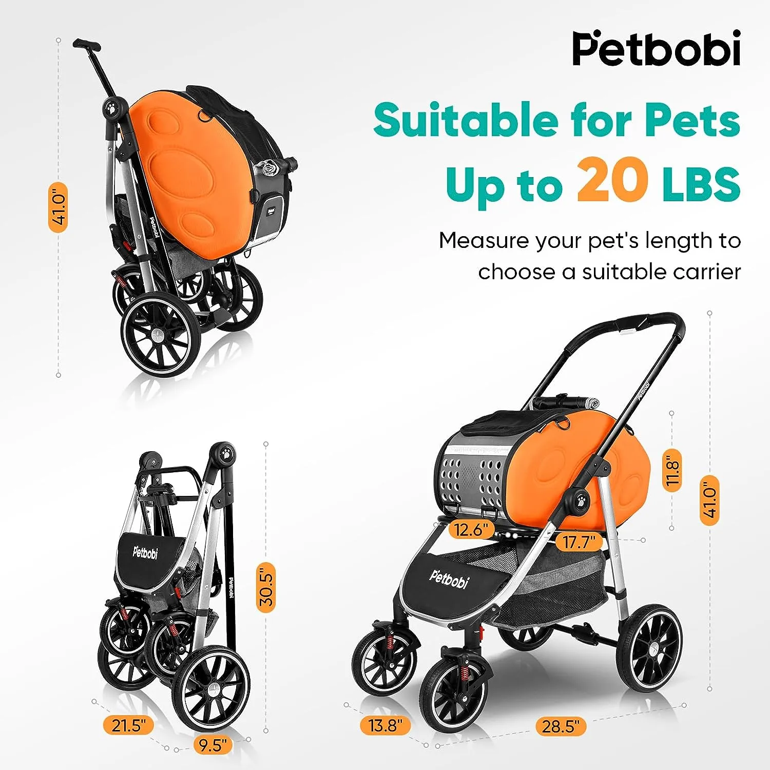 Petbobi 5-in-1 Dog Stroller with Detachable Carrier | Pet Stroller, Carrier, Backpack, Handbag, and Car Seat | for Small Dogs Cats Up to 20 lbs | Aluminum Frame, Large Wheels, Easy Assembly & Folding