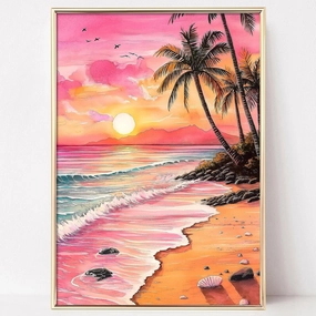 Pink Beach Canvas Wall Art Coastal Pictures Sunset Poster Beach Tropical Painting Beachy Aesthetic Wall Prints Scenery Pictures Ocean Landscape Painting Vintage Coastal Artwork Room 16x24inch No Frame