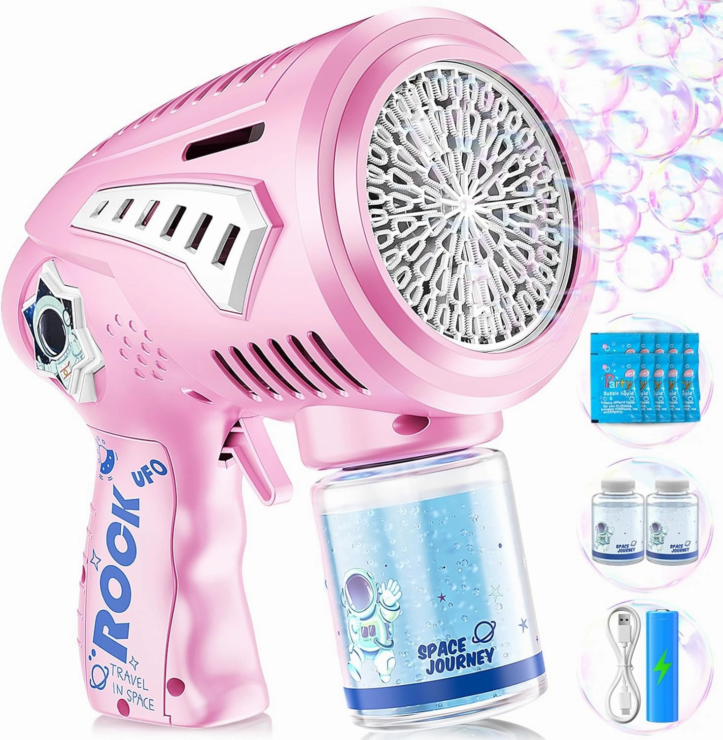 Pink Bubble Gun - Rechargeable 72 Holes Space Bubbles Blaster with LED Light - Toys Gifts Ideas for Girls Age 3-15, Party Favors Birthday for Kids, for Girl 3 Year Old Over