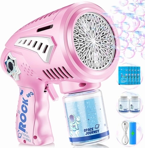 Pink Bubble Gun - Rechargeable 72 Holes Space Bubbles Blaster with LED Light - Toys Gifts Ideas for Girls Age 3-15, Party Favors Birthday for Kids, for Girl 3 Year Old Over