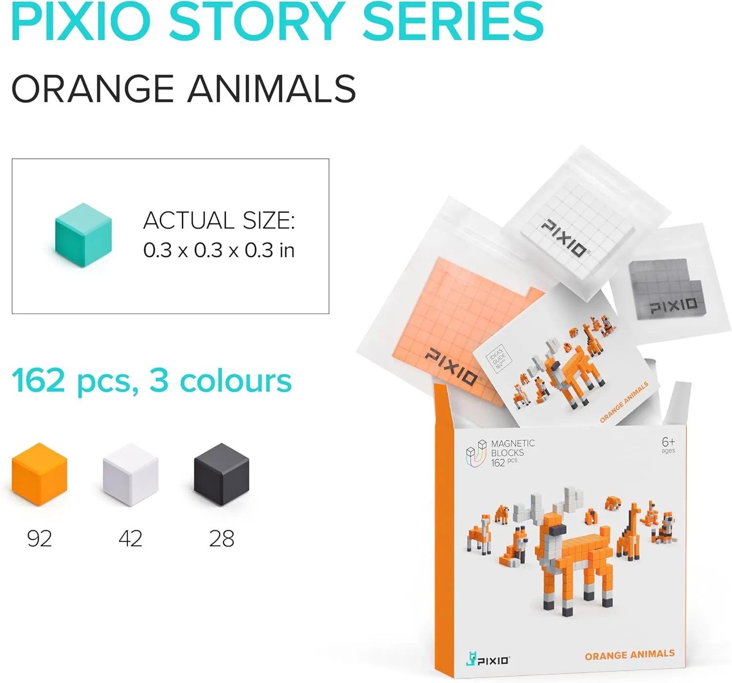 PIXIO Magnetic Cubes - Orange Animals - Building Toys in Pixel Art Style - Animal Figures - Arts and Crafts Kids Toys - Building Blocks - Learning Toys - 162 pcs