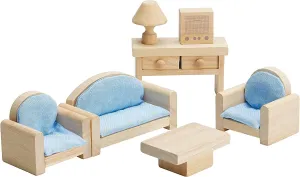 PlanToys Wooden Classic Line of Dollhouse Furniture- Living Room Set (9015) | Sustainably Made from Rubberwood and Non-Toxic Paints and Dyes | PlanNatural Classic Wooden Toy Collection