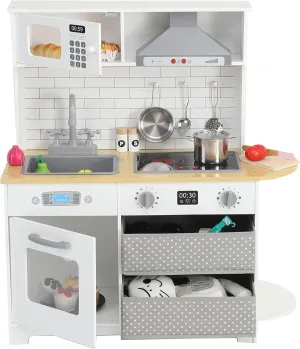 Play Kitchen for Kids, Wooden Kids Play Kitchen Playset Chef Pretend Play Set for Toddlers with Real Lights & Sounds Boys Gift Ages 3 