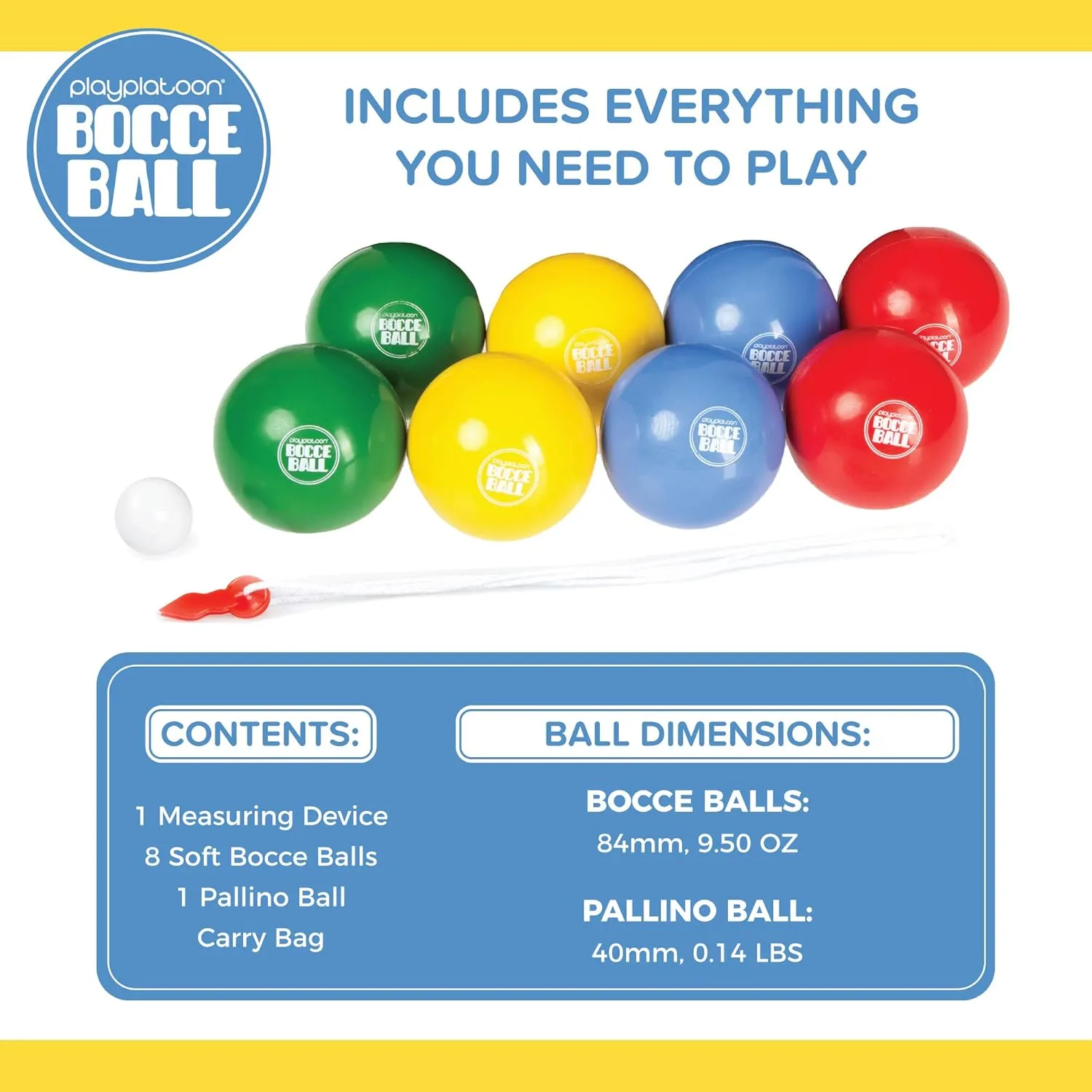 Play Platoon Bocce Ball Set 84mm/90mm/100mm with 8 Premium Bocce Balls, Pallino, Carry Bag & Measuring Rope - Choose Between Classic Resin and Soft Sets