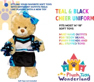 Plush Toys Wanderland Metallic Teal Cheerleader Costume for 14-18 inch Stuffed Animals – Black & Glitter Cheer Uniform with Pom Poms, Dress Up Clothes for Plush Teddy Bears, Birthday & Gifts for Kids